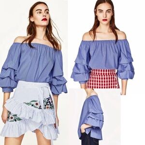 Zara Blue Stripes Off-Shoulder Ruffle Cotton Blouse size XS